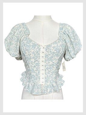 Free People Oh Baby Top Light Blue Floral Puff Sleeve XS